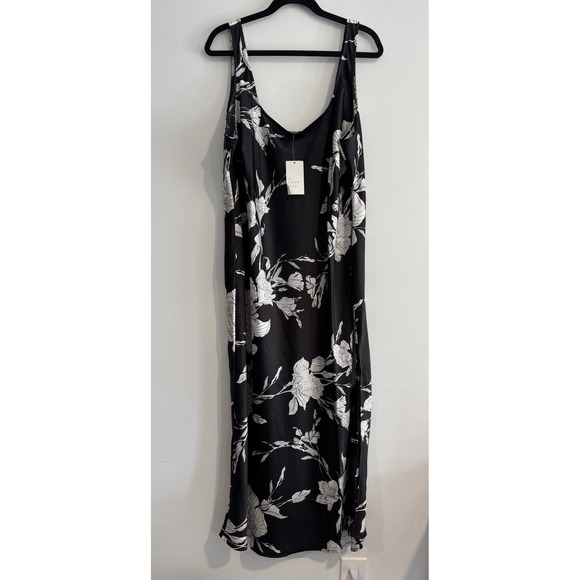 A New Day Sleeveless Black Floral Satin Maxi Slip Dress 2X 2XL Side Slit Luxury - Picture 3 of 4